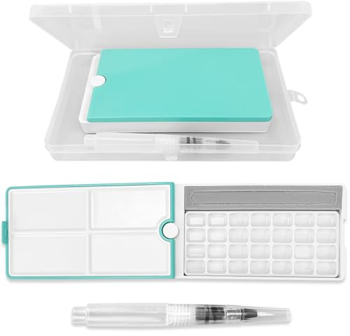 Leere Aquarellkasten, Wassermalkasten mit 28 Aquarell Näpf, Leere Aquarell Pfannen, Aquarell-Tablettdose, Aquarelldose mit Deckel, Malkasten für Aquarell Ölgemälde, mit Handbemalter Pinsel