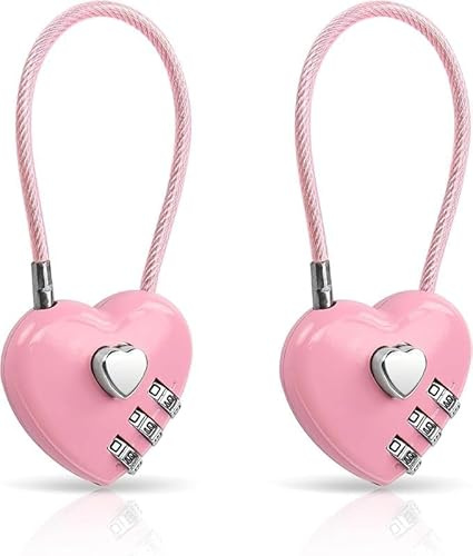 2 x rosa Zahlenschloss, 3-stelliges herzförmiges Vorhängeschloss für Schule, Fitnessstudio, für TSA-zugelassene Kabel-Gepäckschlösser, Sportspinde, Gepäck, Zaun, Rucksack, Gepäckzubehör