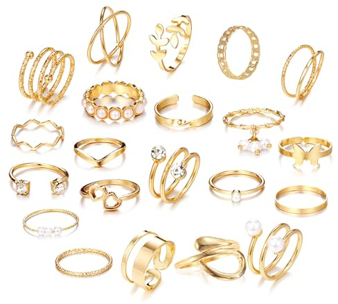 Generisch 21 Stück Ringe Gold Silber Damen Frauen, Boho Goldener Stapelringe Daumenring Fingerring Stapelbarer Knuckle Ringe Blumen Blatt Ring Perlenring Statement Ring Schmuck für Damen Mädchen