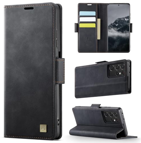 Teeirllim Hülle für Samsung Galaxy S21 Ultra 5G Handyhülle, RFID-Blockierung, Premium PU Leder, Kartenfach Klappbar Tasche Flip Case, Klapphülle Schutzhülle für Samsung Galaxy S21 Ultra, Schwarz
