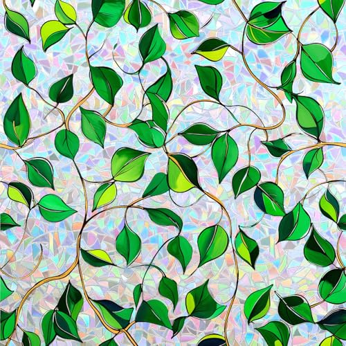 Conkov Fensterfolie Transluzente mit Regenbogen Effekt, Blätter, 60x200cm | Sichtschutzfolie Haftet ohne Kleber UV-Schutz Anti Glare Schillernd Dekorfolie für Wohnzimmer Küche Büro, Halbmond-Backing
