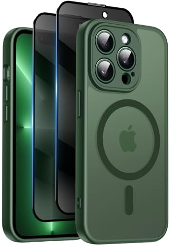 Qasyfanc for iPhone 13 Pro Max Case, Privacy Screen Protectors X2, Green | Compatible with MagSafe, Camera Protection, 15FT Military Drop Protection, Translucent Matte Shockproof Phone Cover
