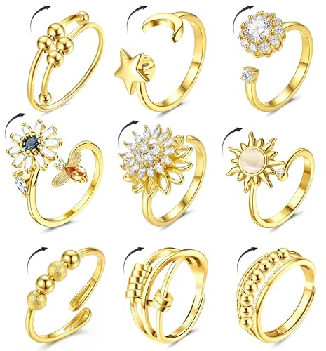 Kakonia Anillo Antiestres Mujer Plata Oro Anillo Ansiedad Para Mujeres Anillo Giratorio Antiestrés Piedra Lunar Anillos Abiertos Ajustables con CZ Spinner Anxiety Ring con Ansiedad