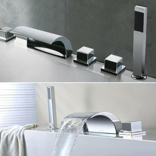MIIWWOWO Robinet de baignoire à 5 trous avec douchette à main, robinet cascade de 1/2, robinet en laiton chromé, système de douche pour salle de bain