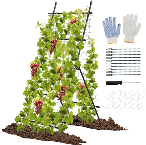 COSTWAY Gurke Rankhilfe Set, A-förmig, Rankgitter mit Gartennetz & Clips, Pflanzenhalter Metall, Pflanzenstütze für Kletterpflanzen Blumen Gemüse, Pflanzenspalier, 80 x 93 x 190 cm, Schwarz