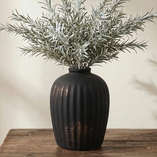 KRYSTHIA Black Ceramic Vase, Decorative Terracotta Vase for Pampas Grass, Round Rustic Vases for Home Decor, Farmhouse Vintage Vases for Living Room, Kitchen, Office, Coffee Table, Bedroom
