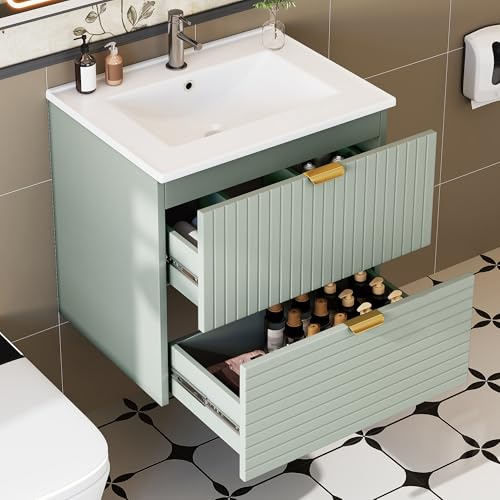 PLLBIKK Lavabo con armario bajo, armario para debajo del lavabo con lavabo, lavabo colgante de pared, 61 x 46 x 57 cm, color verde menta