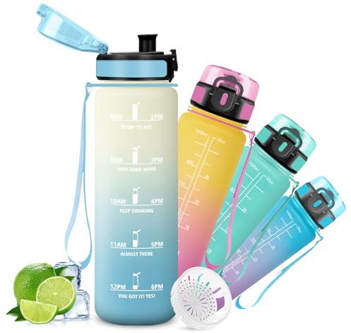 Mujigaga Botella Agua- 1 litro- Botella Agua Gimnasio, A Prueba de Fugas, Cantimplora con Filtro, Water Bottle, con Boca Ancha, Fácil de Limpiar, para la Escuela, Entrenamiento, Montañismo, Deportes