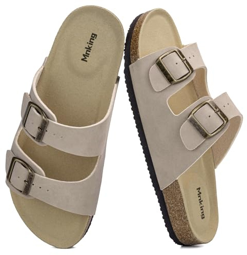 Mnking Sandalias Mules Mujer Hombre Verano Plana Hebilla Punta Abierta Sandalias de Pala Retro Cómodo Piel de Ante Pantuflas de Corcho Antideslizantes Zapatillas Planas Piedra EU37