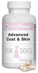 VitaPaws Advanced Coat & Skin for Dogs | with Biotin & Zinc | 120 Capsules | With flaxseed, brewer’s yeast and vitamins C & E | Helps maintain healthy skin and coat | Sprinkle capsules | UK made