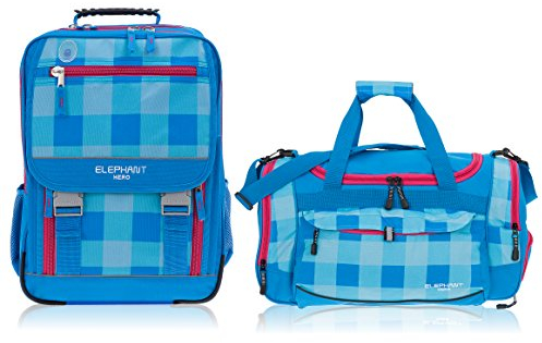 2 Teile Maxi Set ELEPHANT Schulrucksack Hero Signature Ranzen 12364 + große Sporttasche Gym Mate (Plaid Aqua (Türkis Magenta Pink)