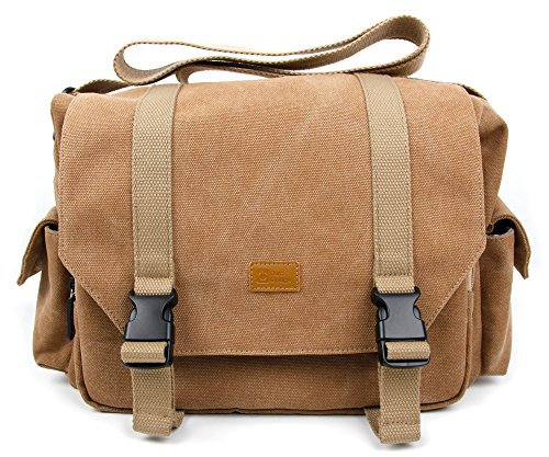 DURAGADGET Tan-Brown Large Sized Canvas Carry Bag With Multiple Pockets & Customizable Interior Compartment - Compatible with DESTEK V2 VR Headset