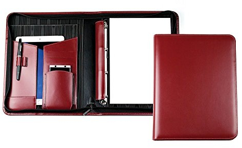 DELMON VARONE - Personalisierbare Tablet & Smartphone Schreibmappe DIN A4 XXL Cambridge Top Grain Leder rot, Orgamappe inkl. Ringbuch, Notizblock, Stiftschlaufe, Steckfächer & Reißverschluss