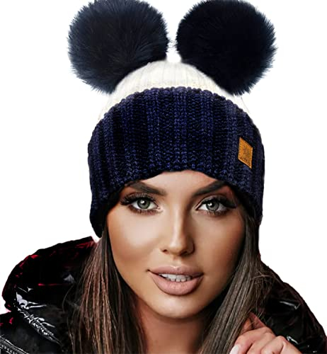 4sold Miki Farbe Damen Wintermütze Wolle Strickmütze Mit Doppelten Pom Pom Cap Ski Snowboard Bobble (White Navy)
