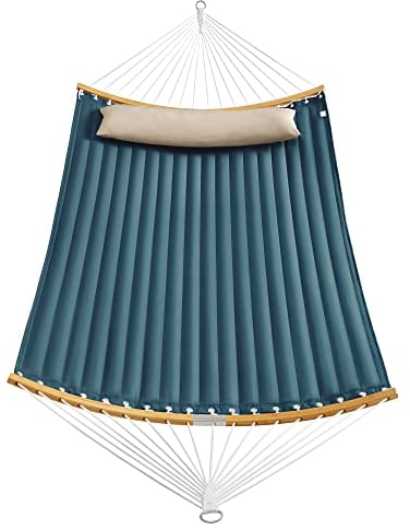 SONGMICS Hängematte für 2 Personen, gepolstert, Outdoor Hängematte mit trennbaren Bambusstangen, Camping-Hängematte mit Kissen, 200 x 140 cm, max. 225 kg belastbar, blau-beige GDC34QW
