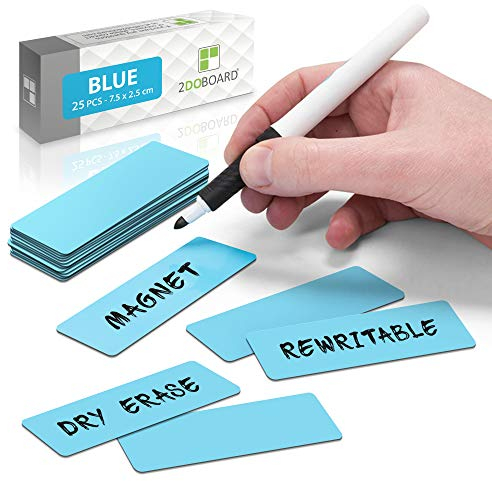 2DOBOARD Magnetstreifen beschreibbar - 7,5 cm x 2,5 cm Blau - 25 Stück - Magnetschilder zum beschriften – Für Kühlschrank, Whiteboard & Tafel - Magnetetiketten