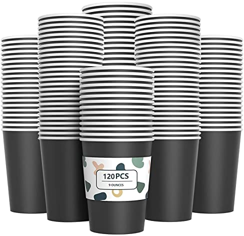 YANGTE 120Pcs Black Paper Cups 9oz Disposable Party Cups Biodegradable and Compostable Drinking Cups for Birthday Party, DIY, BBQ - 250ml