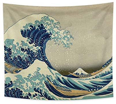 YONGFOTO 180x160cm Japanisch Ukiyo-E Tapisserie Große Welle Wandbehang Kanagawa Boot Tapisserie für Veranda Wandbehänge Dekor Wohnzimmer Wohnheim Bettdecke Wandkunst