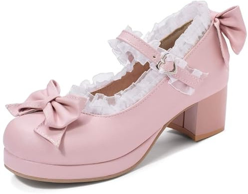 KISSASA Womens Cute Platform Shoes Chunky Mary Jane Heels Bow Court Shoes Size 6UK,Pink