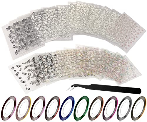 60Blatt 3D geprägte Frühlingsblume Nailart Aufkleber,bunte selbstklebende Nagelaufkleber + 10 Rollen gemischte Farben Nailart Striping Tape + 1 antistatische Pinzette,Nailart Design Dekoration Zubehör