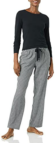 Amazon Essentials Pigiama con Maglia a Maniche Lunghe e Pantaloni in Flanella Leggera Donna, Nero/Bianco, Percalle, XXL