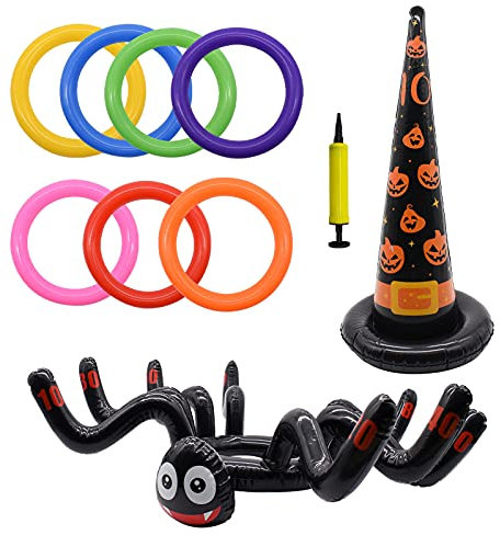TRIXES Halloween Ringwurfspiel Set - Aufblasbare Spinne und Hexenhut - Luftpumpe enthalten