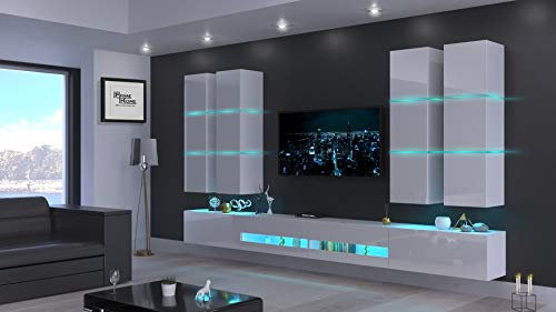 Furnitech Wohnwand Modern | Wohnzimmer Möbel mit LED Weiß | Hängend Wohnwand mit Regale und TV Schrank (Jurat AN51-18HG-W2)