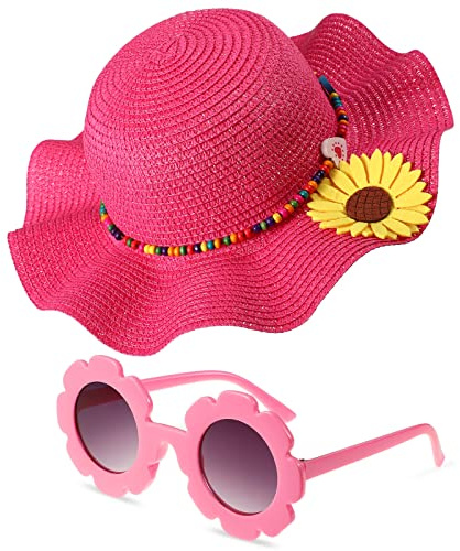 Jecery Summer Straw Hat for Girls Large Brim Beach Sun Hat Cute Floppy Cap with Sunglasses for Kids Toddler(Sunflower,Rose Red)