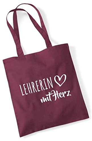 Huuraa Einkaufsbeutel Lehrerin mit Herz Geschenk 10 Liter Burgundy Baumwolle Lehrerin Überraschung