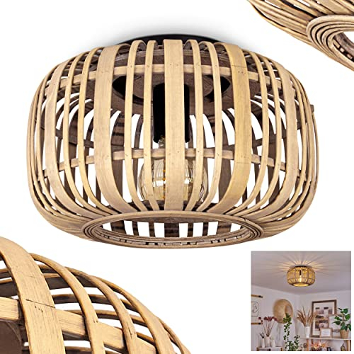 Deckenleuchte Teheran, Deckenlampe aus Bambus/Metall in Natur/Schwarz, Leuchte im skandinavischen Design, Boho-Leuchte mit Schirm in Gitter-Optik u. tollem Lichteffekt, Ø 33 cm, E27, ohne Leuchtmittel