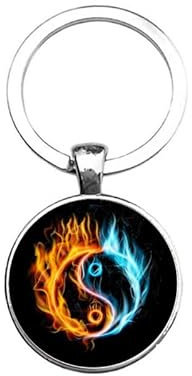 Schlüsselanhänger Glas - Yin Yang - Wasser Feuer, silberfarben, 60mm