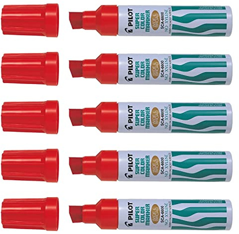 PILOT Set of 5 Permanent Markers SCA-6600 Metal Barrel Bevel Tip Extra Wide Red
