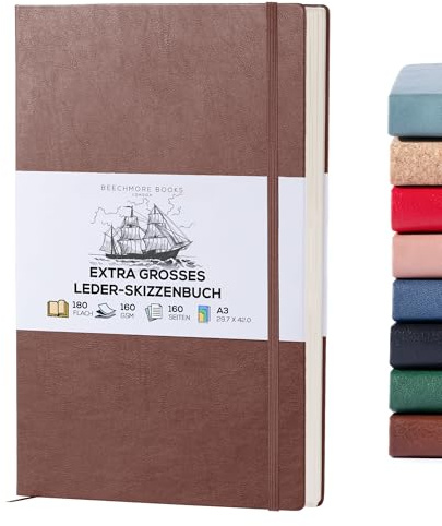 BEECHMORE BOOKS Skizzenbuch A3 (29,7 x 42 cm) – Hardcover aus Veganleder, 160 Seiten 160 g/m² | Perforiert, Blanko Skizzenblock, Geschenkbox, Rückfach, Lesezeichenband