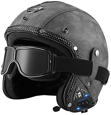 Bluetooth Jet Helm 3/4 Leder Motorradhelm Halbhelme Brain-Cap Mit Schutzbrille Retro Scooter Offenem Helm Für Herren Damen ECE Zertifizierung Rollerhelm Halbschalenhelm 4,M:57-58CM