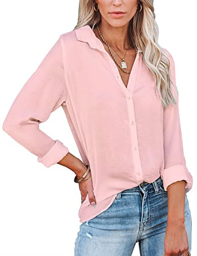 Yuson Girl Chemisier pour Femme Manches Longues,Blouse Mode avec Boutons Basique Tunique Chic Top Col V Blouse Chemise Haut Élégant Shirt pour Travail,Rose,M