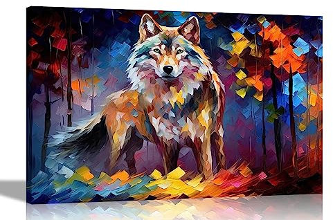 Artley Prints - Tableau mural coloré avec loup argenté dans la forêt pour salon, chambre à coucher, couloir | peinture à l'huile encadrée réimpression grand format 76 x 50 cm