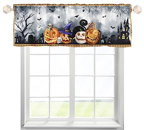 One Lover Halloween Kürbis Totenkopf Hexe Scheibengardinen Bistrogardine mit Stangendurchzug Kurzstore Gardine Elegant Fensterschal für Badezimmer Klein Fenster Multicolor 137x45cm,1 Stück