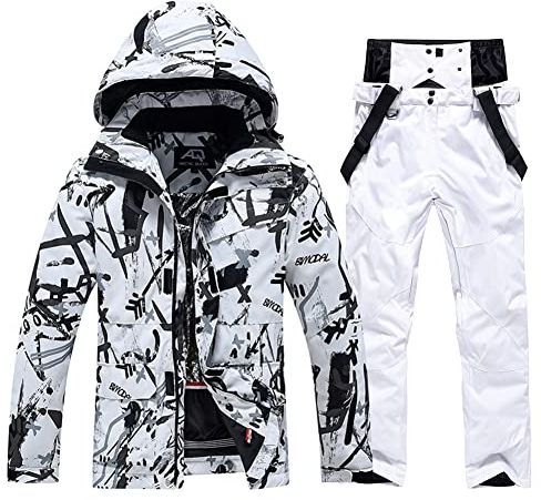 ALSOGO Herren Skianzug Ski Jacke und Hose Set Outdoor Sports Skianzug Wasserdichter Schneeanzug Snowboard Jacke Hose SkikleidungOutdoor Sports Skianzug BBW-Weiß 2XL