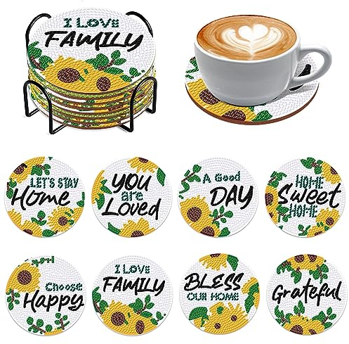 Souarts Blumen Diamond Painting Untersetzer mit Halter, 8PCS DIY Diamant Painting Coasters Sonnenblume Basteln Erwachsene Kinder für Glas Tassen Vasen Kerzen Getränke (Weiss)