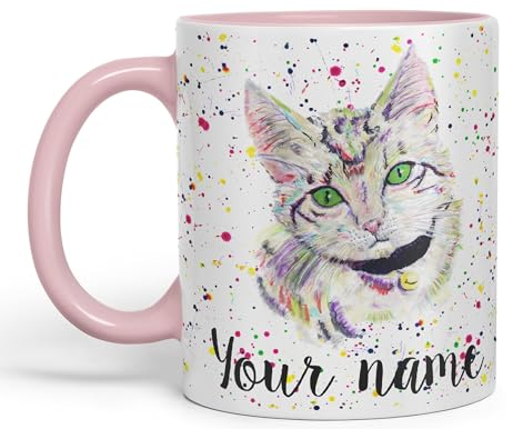 Vixar Personalised with Your Text Kitten Cat Feline Pet Animals Watercolour Art Coloured Ceramic Mug Cup Gift 330ml 11oz Custom Work Office Tea Coffee (Pink)