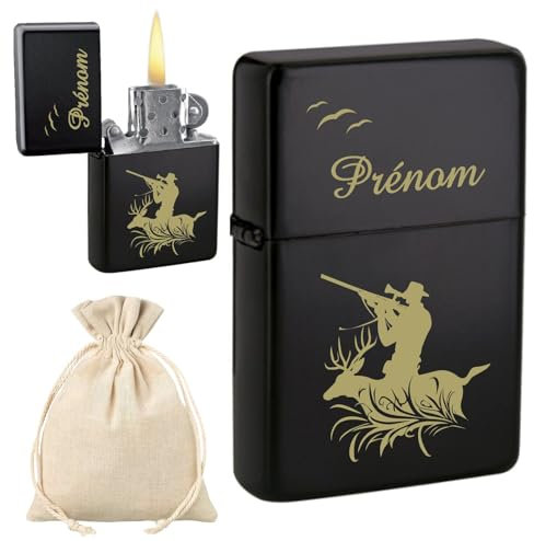 Briquet Chasseur personnalisé avec Votre prénom - Cadeau Personnalisable pour Homme : Tonton, Papi (Papy), fête des pères, Anniversaire, Cadeau de noël - Amateur de Chasse
