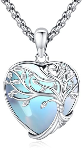 Eusense Collier Pierre de Lune en Argent 925 Collier Arbre de Vie Pendentif Coeur Collier Bijoux Cadeaux Pour Femmes Filles
