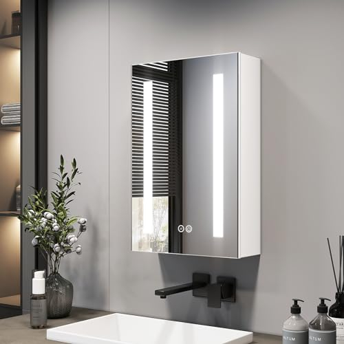 EMKE Spiegelschrank Bad mit Beleuchtung 40x60cm, 3 dimmbare Lichtfarben, Antibeschlag, Steckdose, Badezimmer Spiegelschrank mit Glasablage, Weißer Doppelspiegel, Speicherfunktion Spiegelschrank