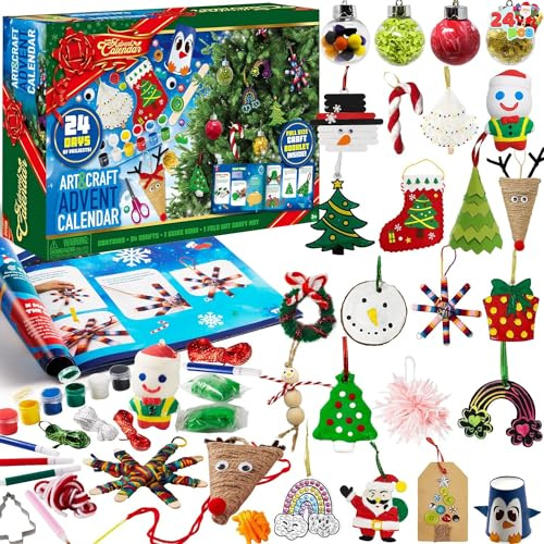 JOYIN Calendario de Adviento de Navidad 2025, calendario de Adviento de 24 días con arte y manualidades navideñas, tijeras, pegamento, cordones, pinturas, acuarelas, regalos para fiestas navideñas