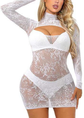 Buitifo Women Lingerie Dress Sexy Nightgown with Sleeves Swimsuits Cover Up(90Q white,M)
