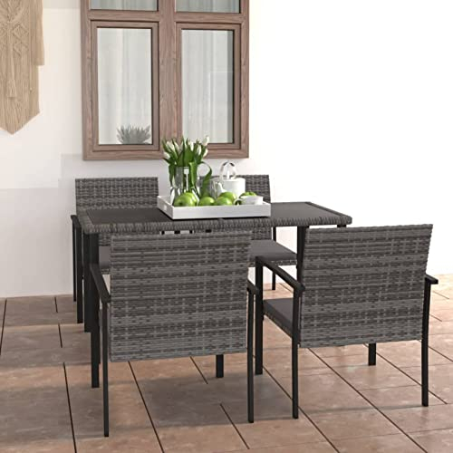 Homgoday 5-TLG. Garten Essgruppe Gartentisch mit Stühle Sitzgruppe Gartenstühle Gartenmöbel Set Garrten Esstisch StuhlBalkonmöbel Sitzgarnitur Gartengarnitur Poly Rattan Grau