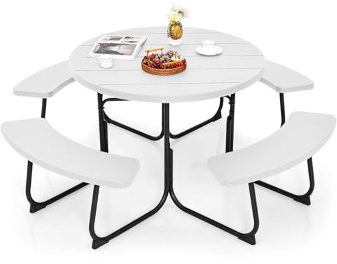 GOPLUS Table de Pique-Nique avec 4 Bancs Intégrés pour 4 à 8 Personnes, Table Jadin Exterieur en HDPE avec Trou pour Parasol,Ronde en Plein Air, Cadre en Métal,Charge 225KG+135KG(Blanc)