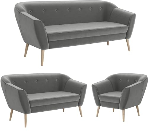MEBLINI Mini Sofa Set 3-2-1 für Wohnzimmer - Mini Lounge für sechs Personen - Küchensofa - Sofa Klein - Sitzgarnitur - Polstergarnitur - Sofagarnituren - Doris - 3+2+1 - Hellgrau Samt