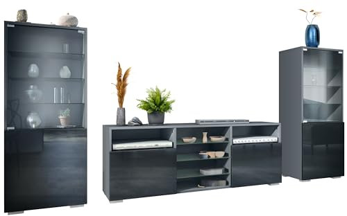 Vladon Wohnwand Granada, Anbauwand bestehend aus 2 Vitrinen und 1 TV-Board, Anthrazit matt/Schwarz Hochglanz (286 x 122,5 x 35 cm)
