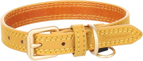 Flamingo Halsband für Hund Virginia gelb XS/S 24-30cm 15mm - Mit einem Ring für ID-Anhänger - Genäht für extra Stärke